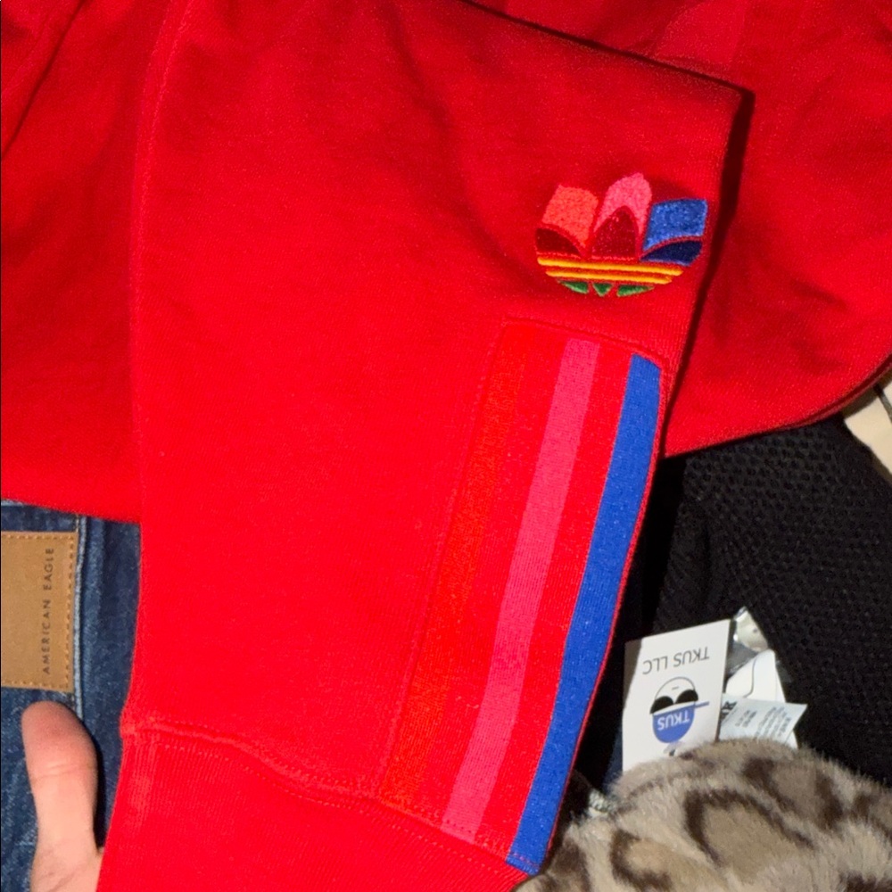 adidas Red Cropped Hoodie with Multicolor Trefoil Sleeve Accent - Picture 4 of 5